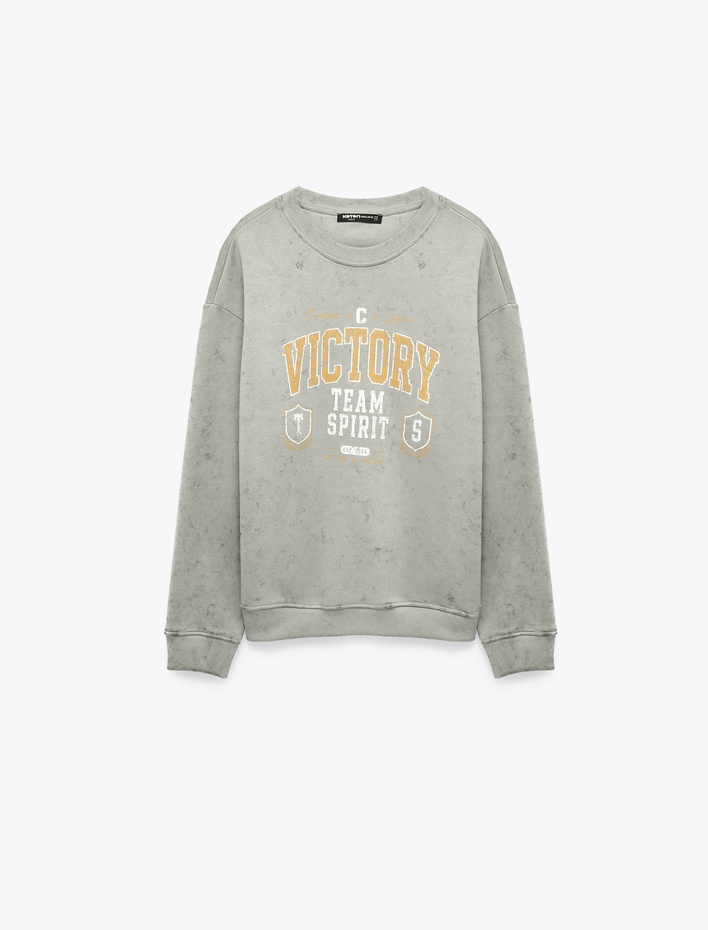  Üç İplik Şardonlu Rahat Kalıp Yıkamalı Bisiklet Yaka Baskılı Sweatshirt