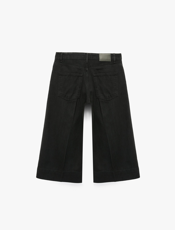  Normal Bel Rahat Kalıp Cepli Kısa Geniş Paça Denim Pantolon - Culotte Jeans