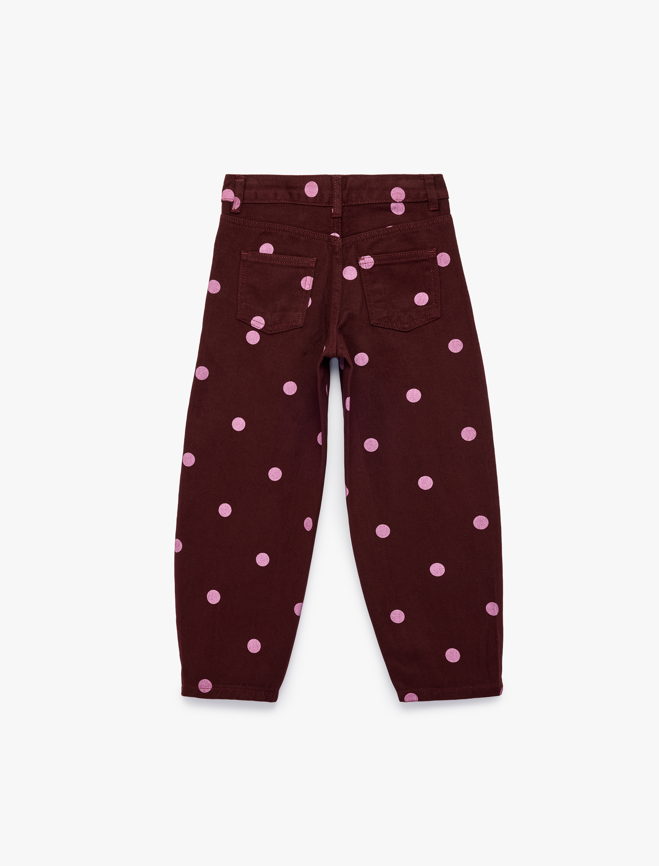  Kız Çocuk Yüksek Bel Pamuklu Puantiyeli Balon Form Denim Pantolon