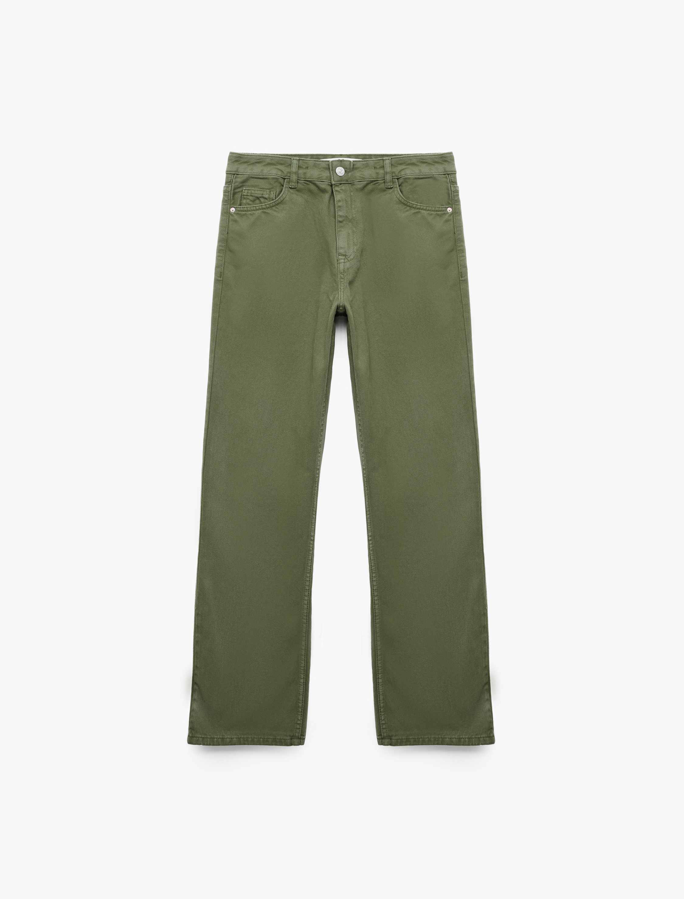   Pamuklu Normal Bel Düğmeli Cepli Uzun Kesim Düz Paça Pantolon - Straight Jeans