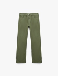 Pamuklu Normal Bel Düğmeli Cepli Uzun Kesim Düz Paça Pantolon - Straight Jeans