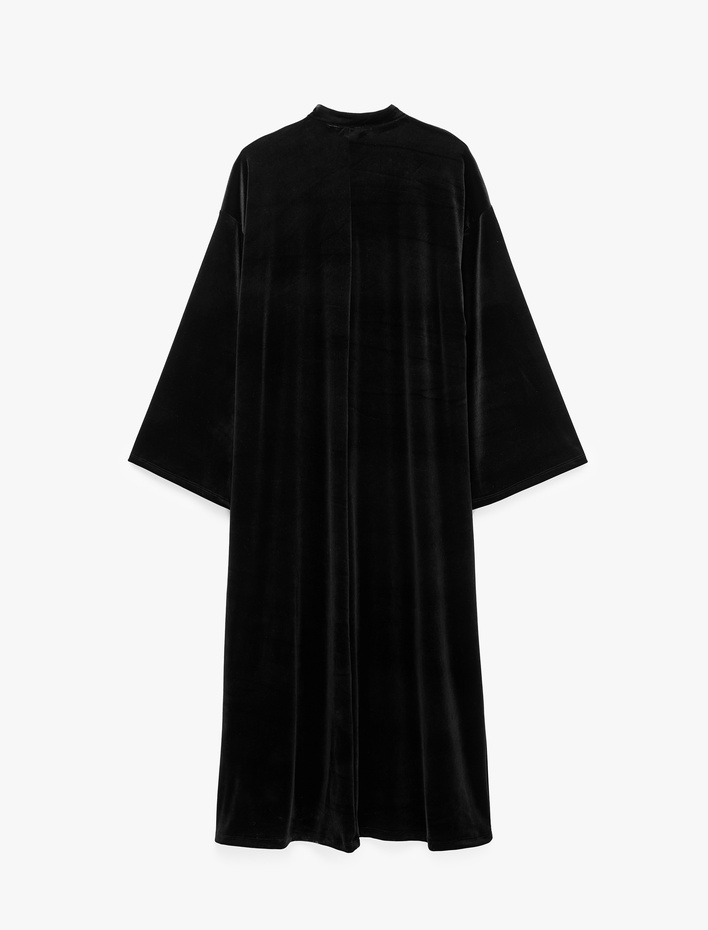  Geniş Uzun Kollu Mandarin Yaka Uzun Kadife Pelerin Kimono Süslü Düğmeli