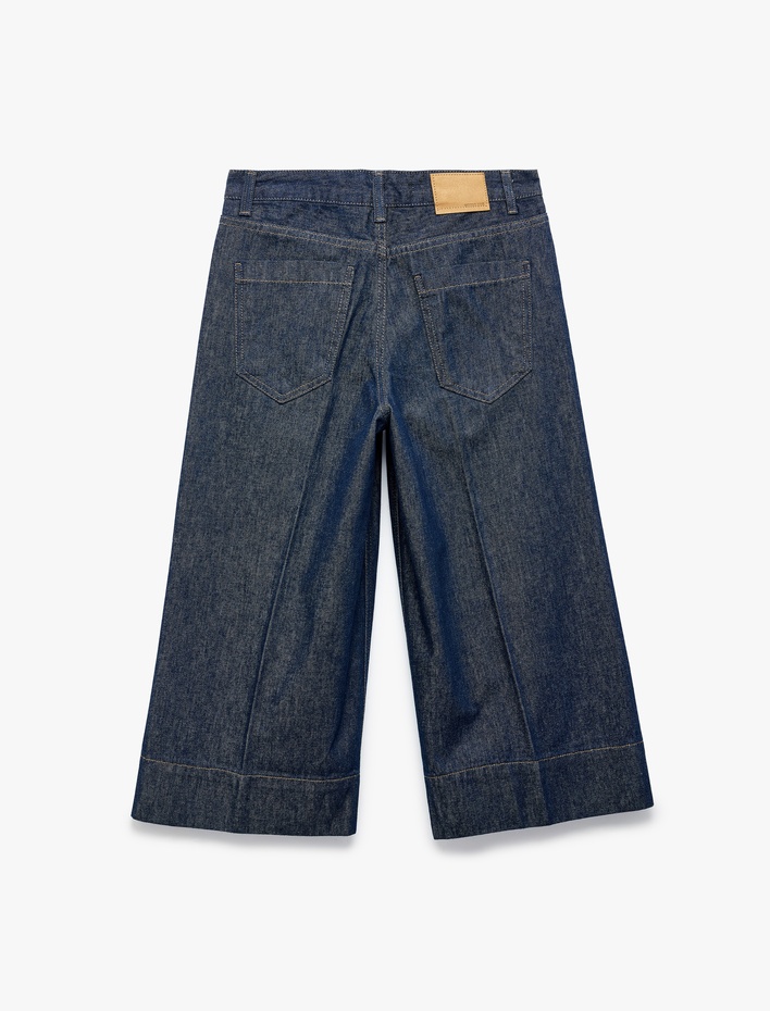 Normal Bel Rahat Kalıp Pamuklu Kısa Geniş Paça Denim Pantolon - Culotte Jeans