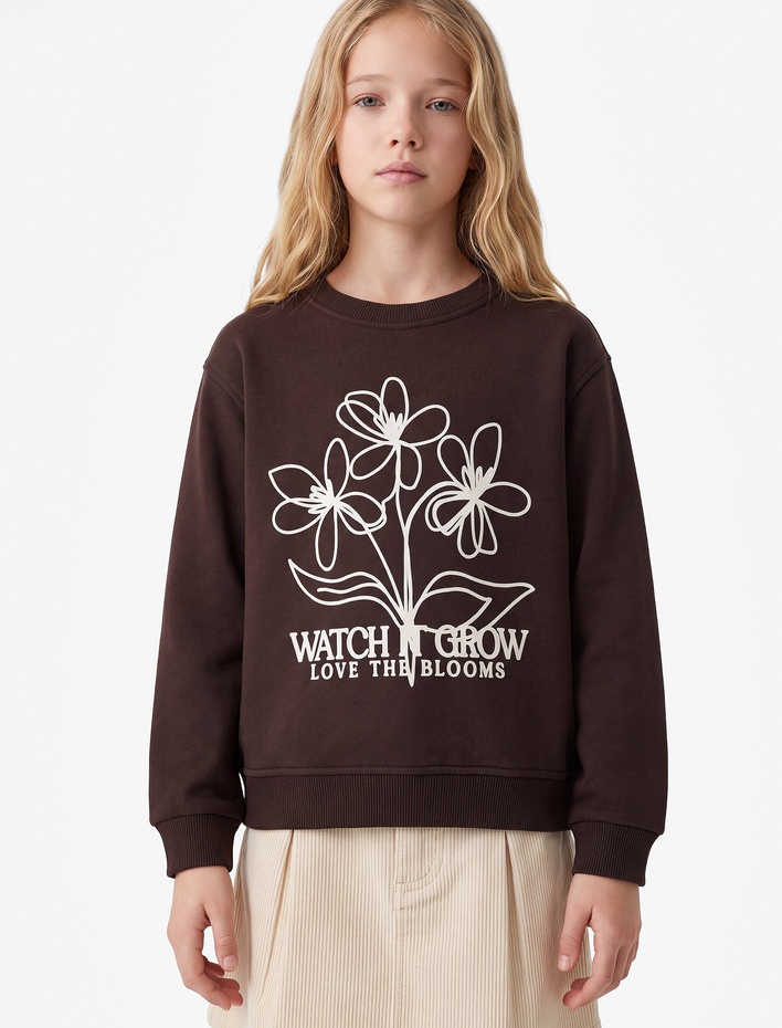 Kız Çocuk Uzun Kollu Bisiklet Yaka Çiçek Baskılı Sweatshirt