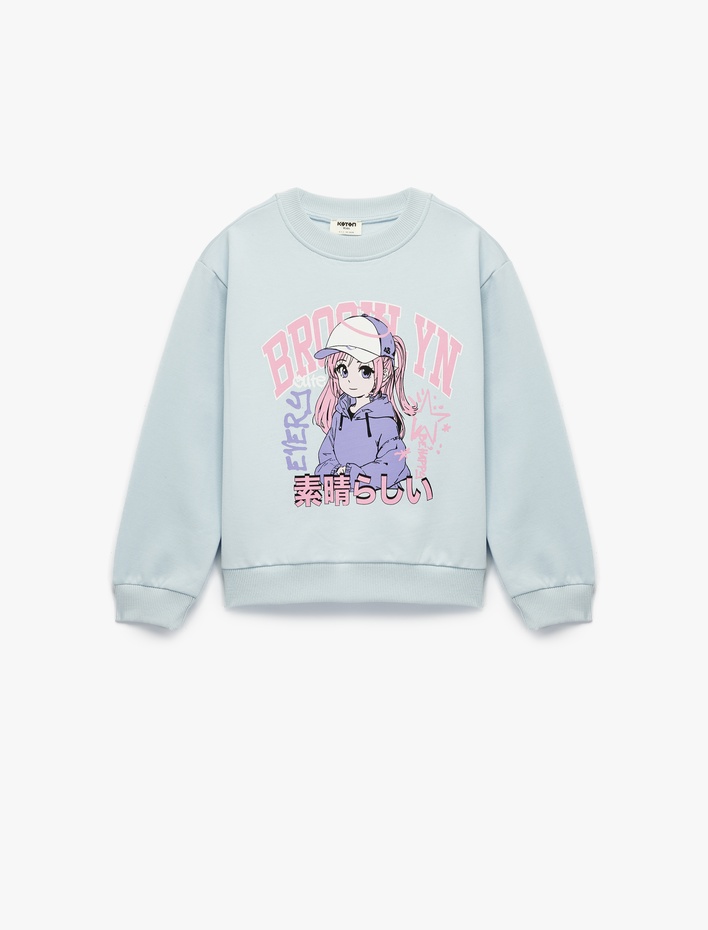 Kız Çocuk Uzun Kollu Bisiklet Yaka Anime Baskılı Sweatshirt