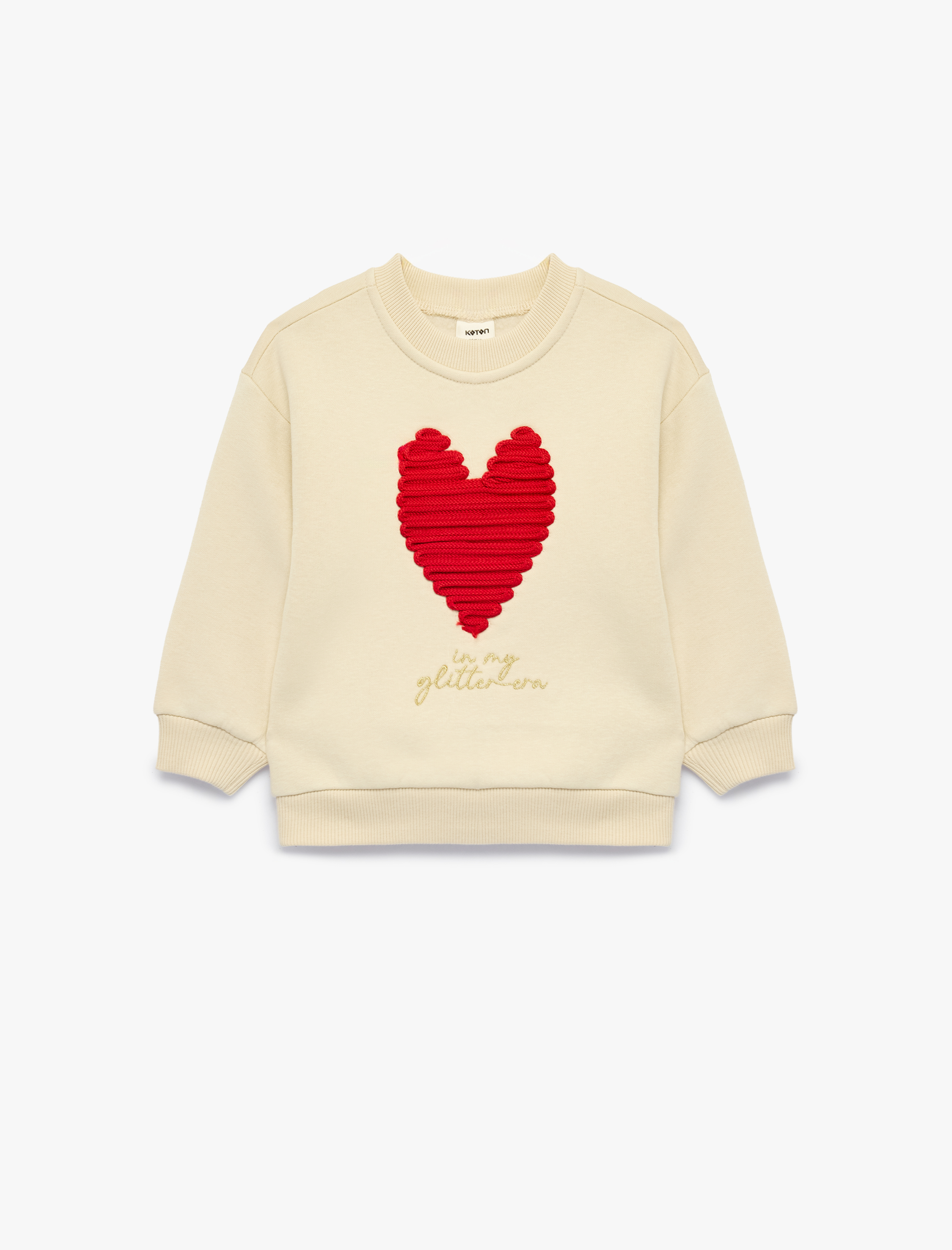  Kız Bebek Kalp Baskılı Şardonlu Bisiklet Yaka Uzun Kollu Sweatshirt