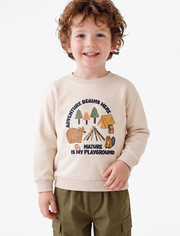 Erkek Bebek Bisiklet Yaka Uzun Kollu Şardonlu Baskılı Sweatshirt