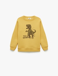 Dinozor Baskılı Uzun Kollu Bisiklet Yaka Şardonlu Sweatshirt