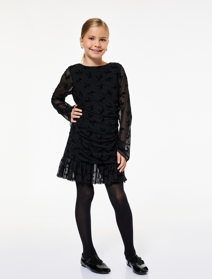 Kız Çocuk Fiyonk Desenli Büzgülü Simli Bisiklet Yaka Uzun Kollu Tüllü Elbise