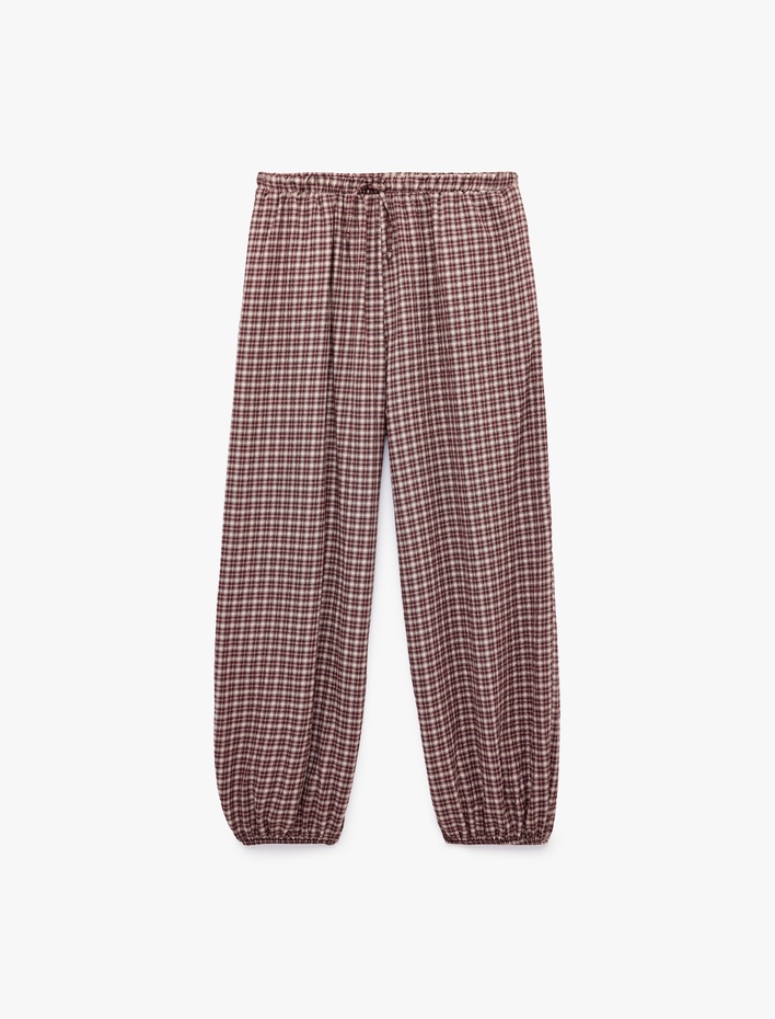  Balon Kesim Beli Lastikli Kareli Pijama Altı
