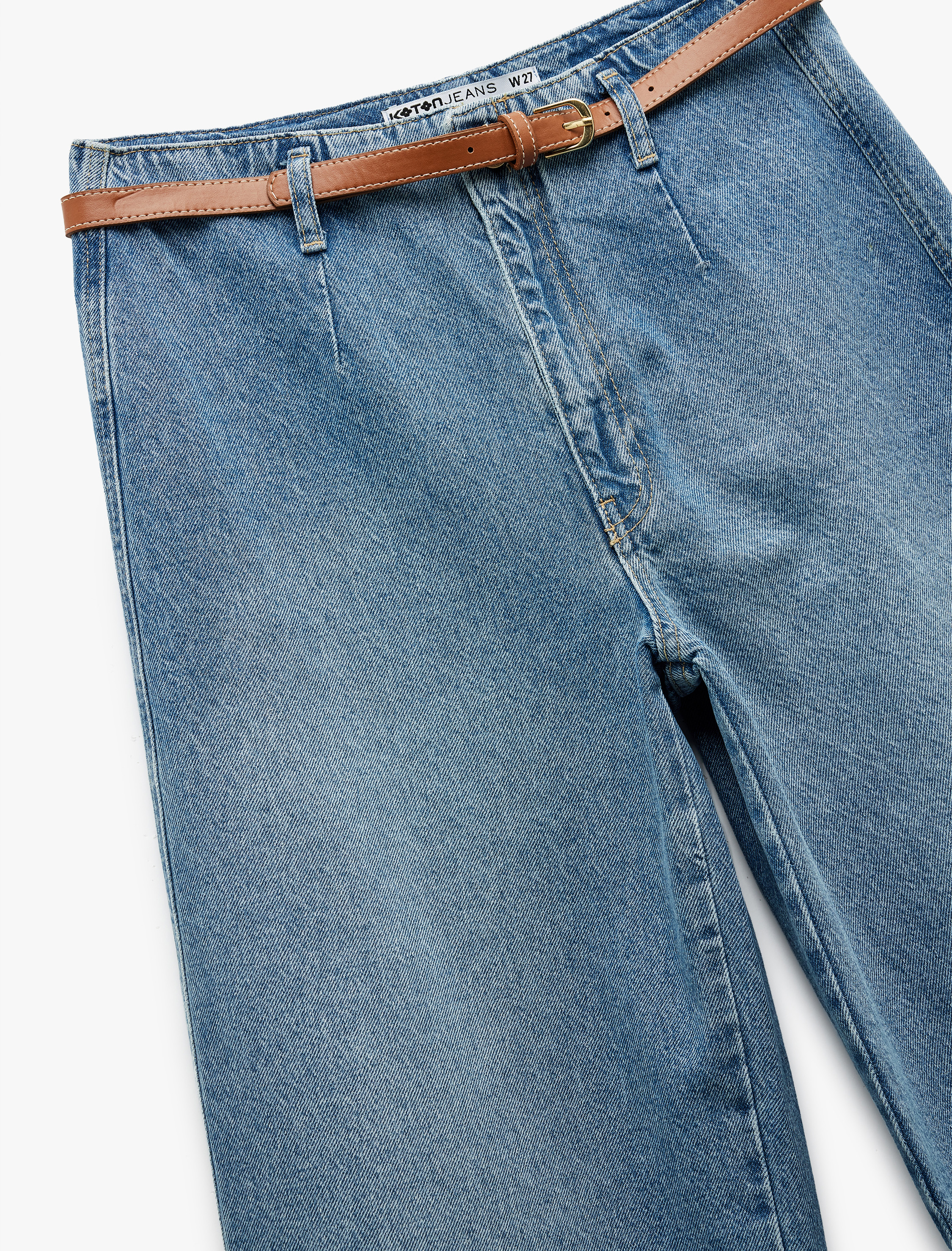   Yüksek Bel Pamuklu Kemerli Cepli Kısa Geniş Paça Jean Pantolon - Wide Leg Jeans