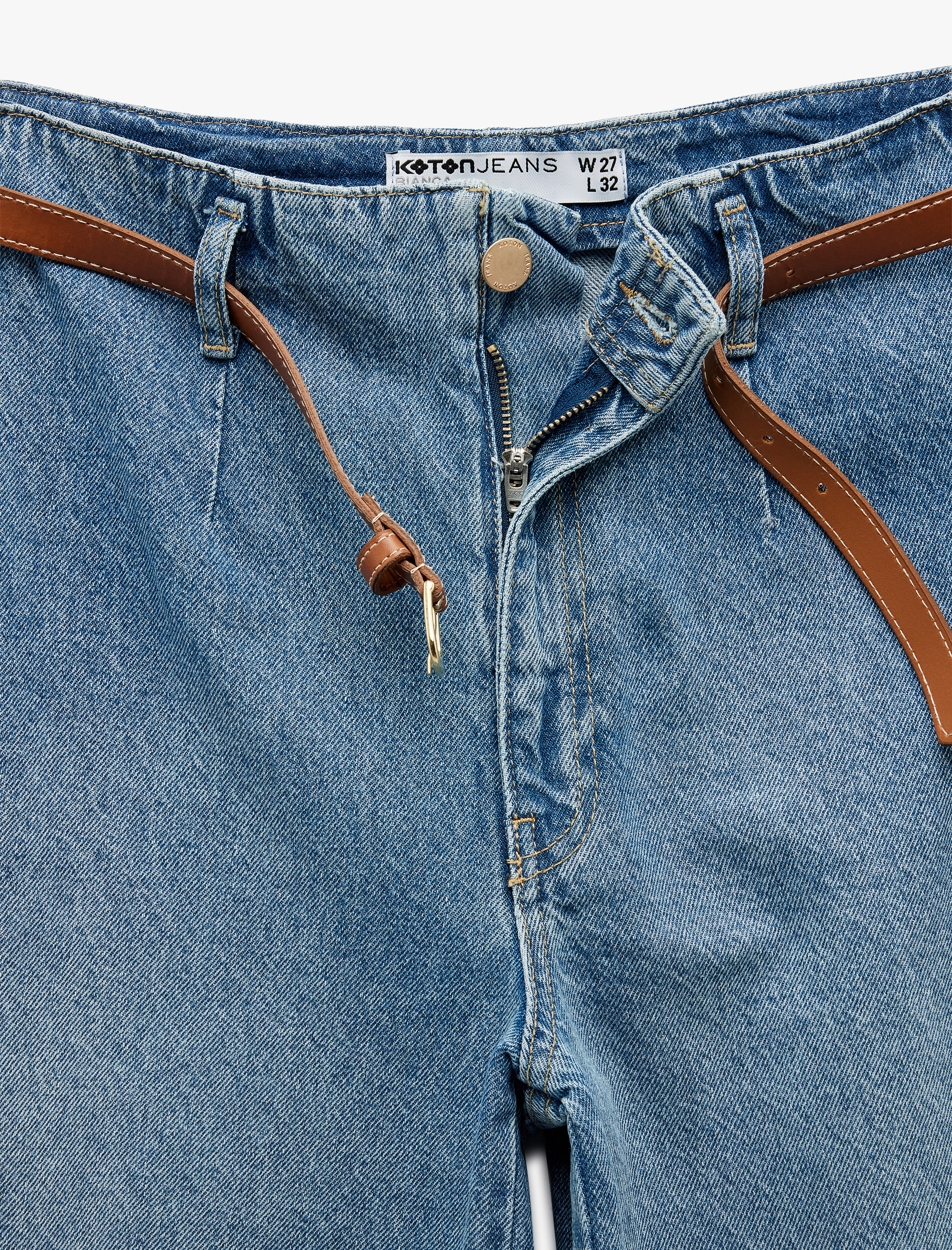   Yüksek Bel Pamuklu Kemerli Cepli Kısa Geniş Paça Jean Pantolon - Wide Leg Jeans