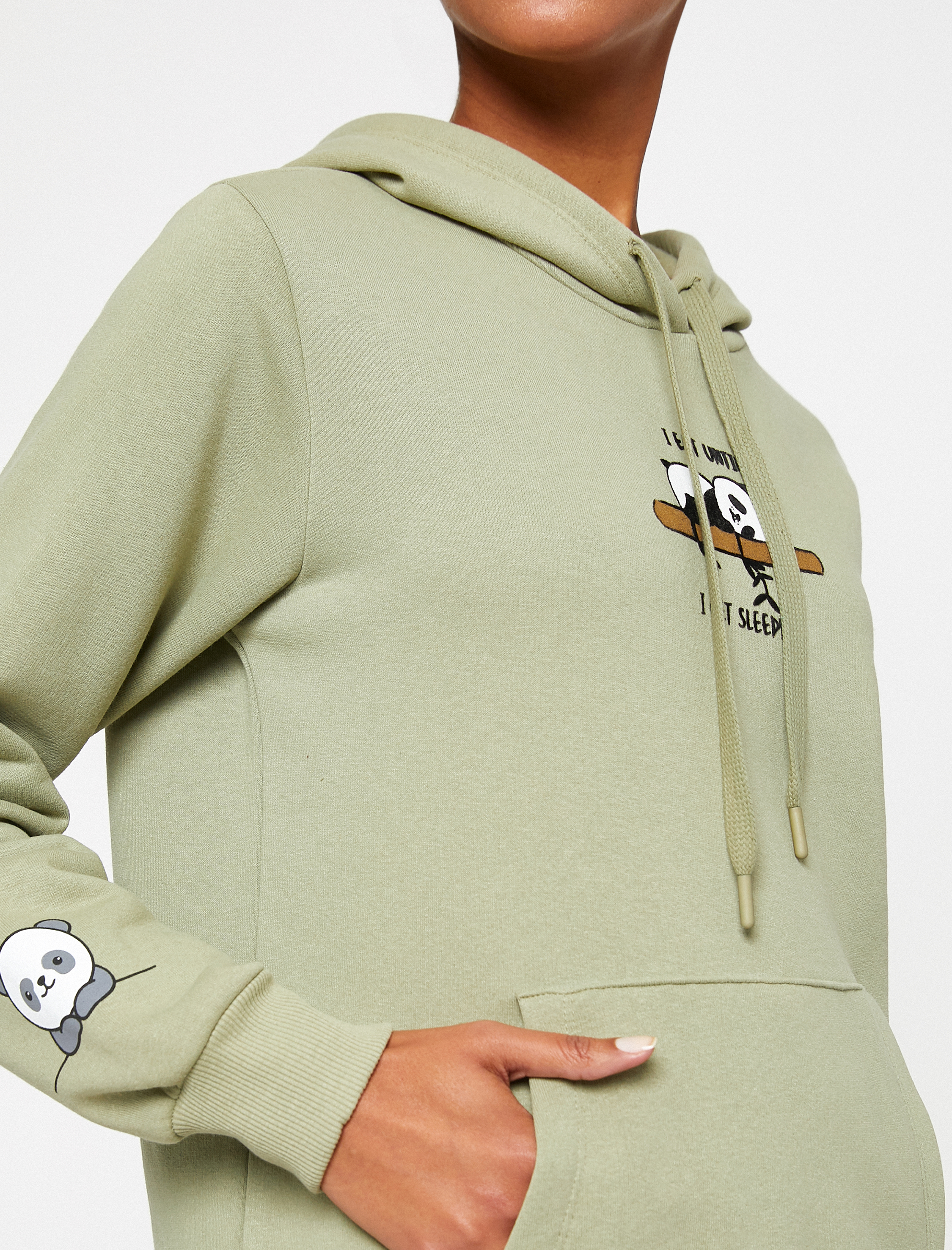   Üç İplik Şardonlu Kapüşonlu Kanguru Cepli Panda Baskılı Sweatshirt