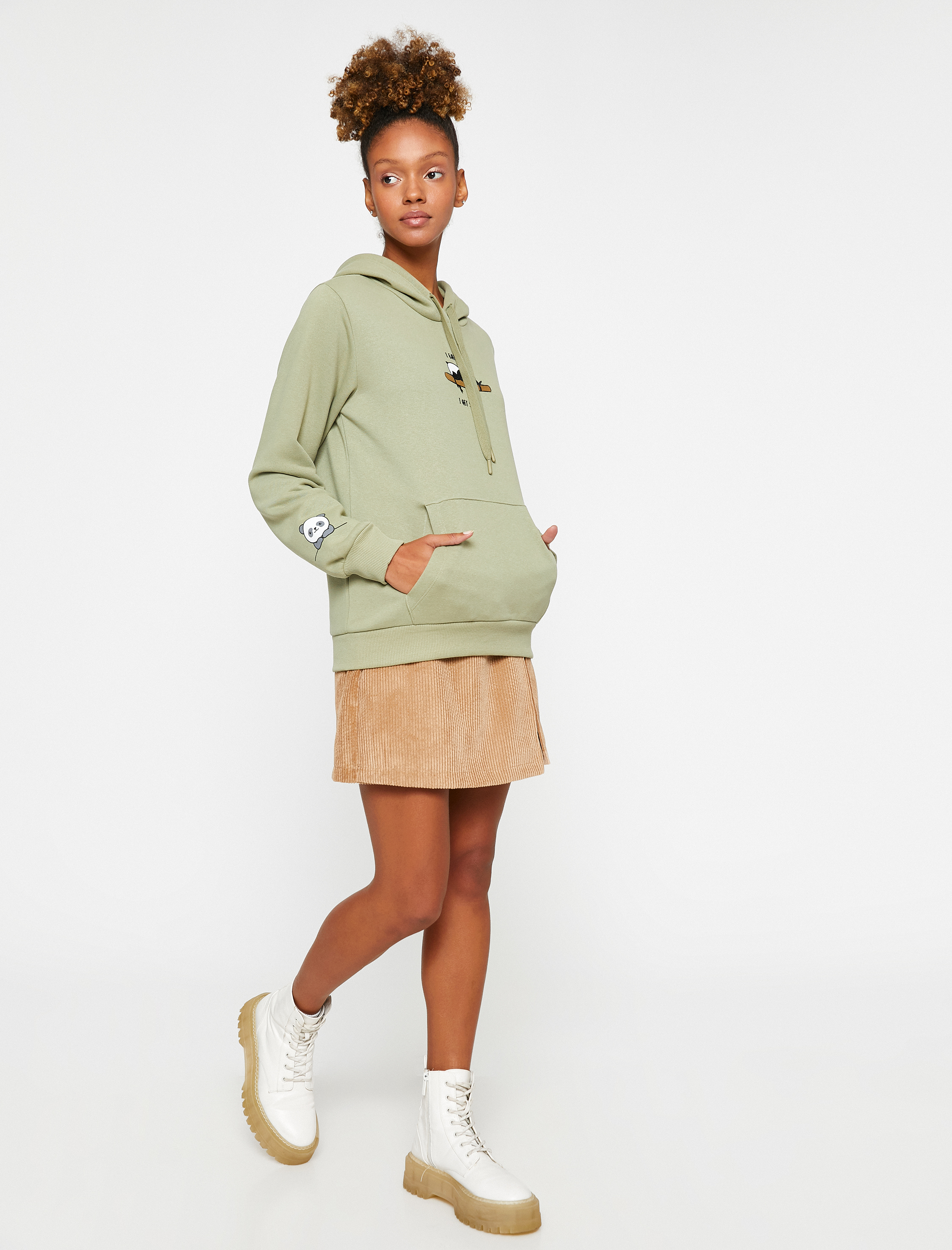   Üç İplik Şardonlu Kapüşonlu Kanguru Cepli Panda Baskılı Sweatshirt