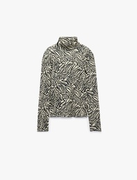 Slim Fit Uzun Kollu Yarı Transparan Dik Yaka Zebra Desenli Bluz