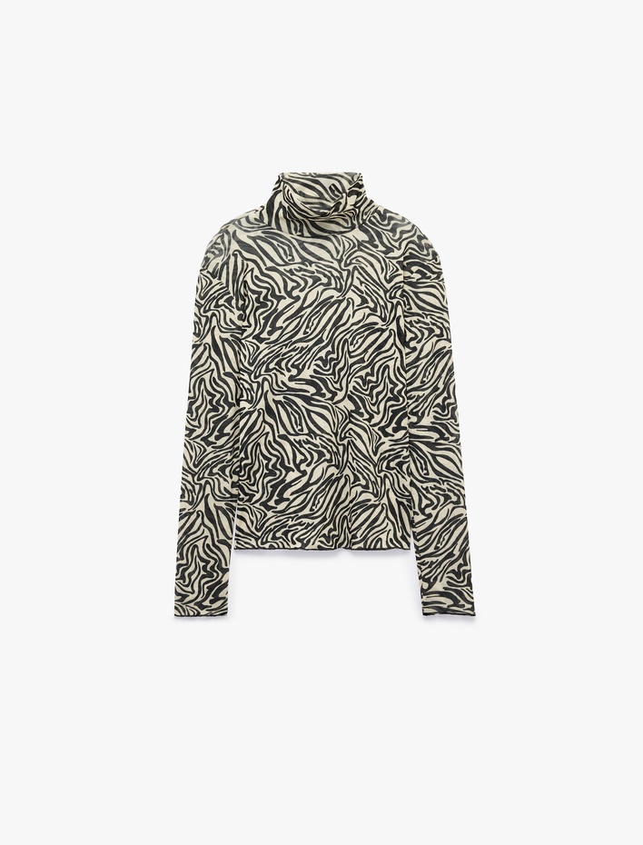  Slim Fit Uzun Kollu Yarı Transparan Dik Yaka Zebra Desenli Bluz