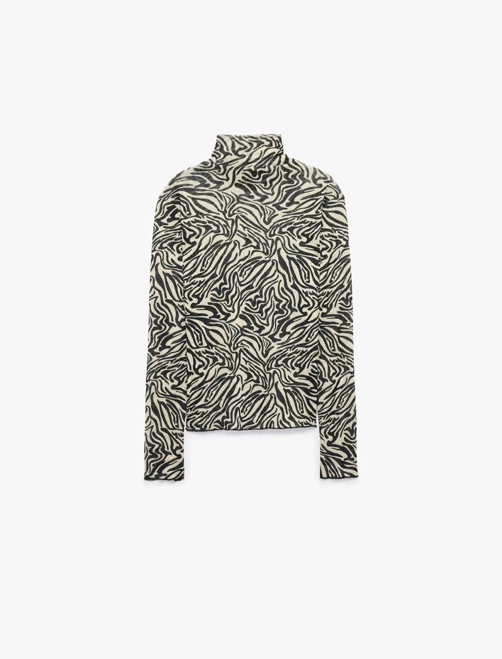  Slim Fit Uzun Kollu Yarı Transparan Dik Yaka Zebra Desenli Bluz