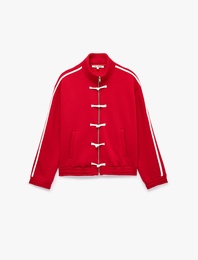 Şardonlu Rahat Kalıp Dik Yaka Fermuarlı Kurbağa Kapama Düğmeli Uzun Kollu Sweatshirt