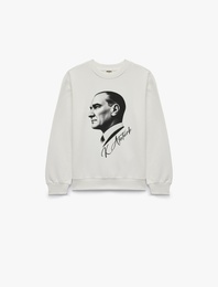 Atatürk Baskılı Bisiklet Yaka Uzun Kollu Pamuklu Sweatshirt