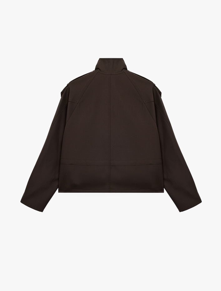  Reglan Uzun Kollu Beli Bağcıklı Dik Yaka Gabardin Ceket