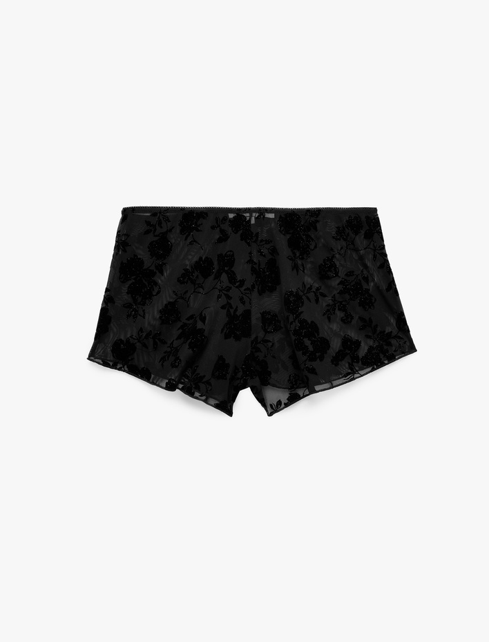  Beli Lastikli Rahat Kesim Tüllü Çiçek Desenli Mini Şort Pijama Altı