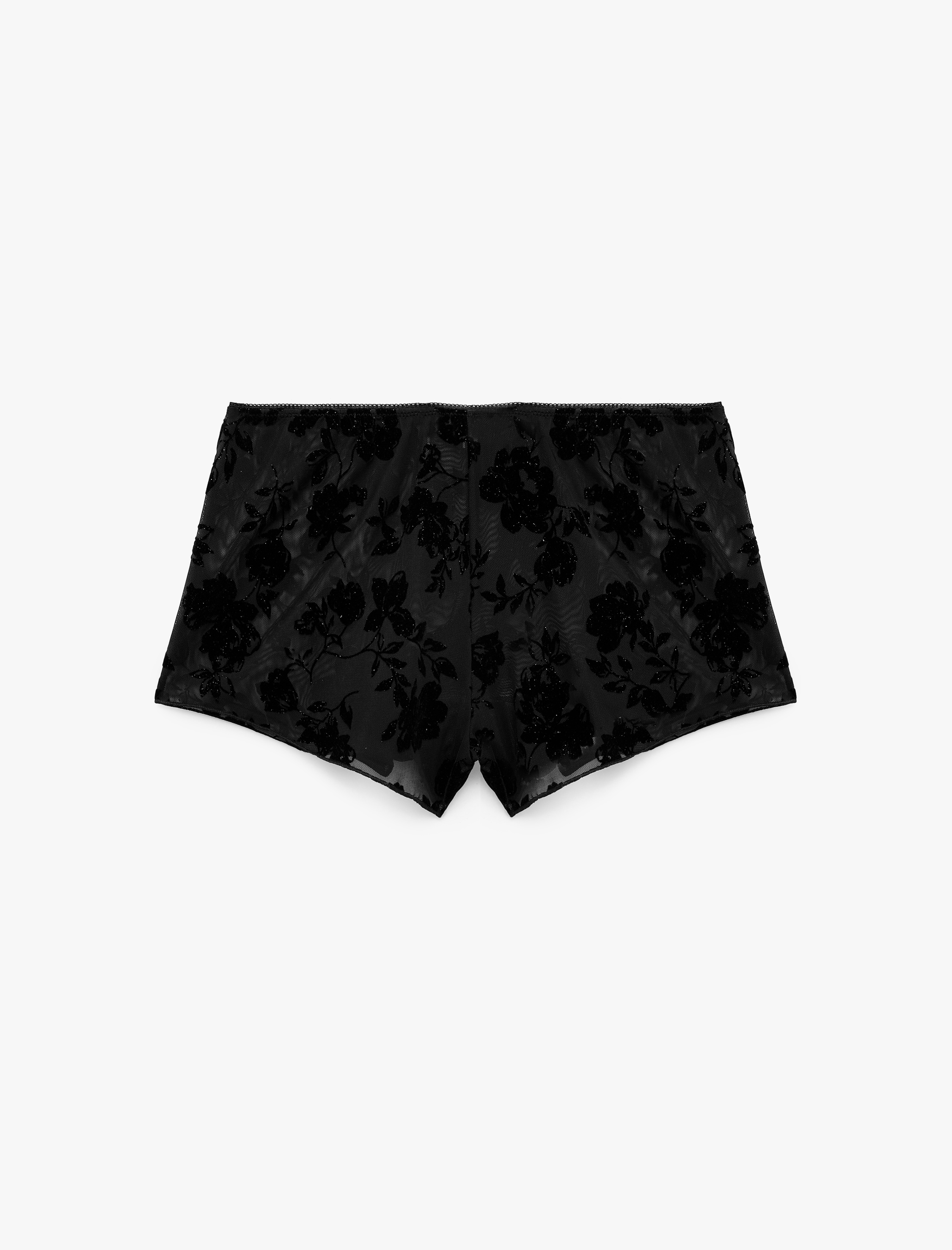   Beli Lastikli Rahat Kesim Tüllü Çiçek Desenli Mini Şort Pijama Altı