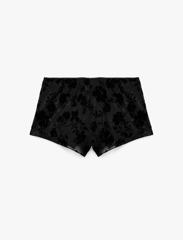  Beli Lastikli Rahat Kesim Tüllü Çiçek Desenli Mini Şort Pijama Altı