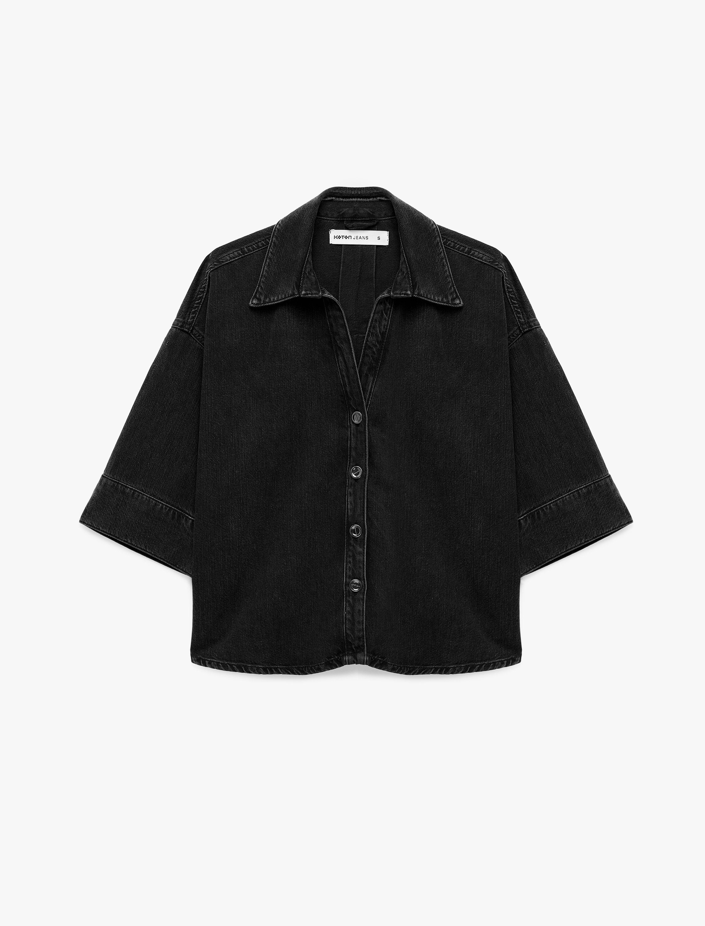   Arkası Katlama Detaylı V Yaka Düğmeli 3/4 Kollu Oversize Denim Gömlek