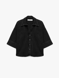 Arkası Katlama Detaylı V Yaka Düğmeli 3/4 Kollu Oversize Denim Gömlek