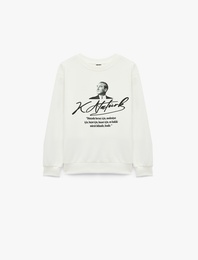 Atatürk Baskılı Uzun Kollu Bisiklet Yaka Pamuklu Sweatshirt