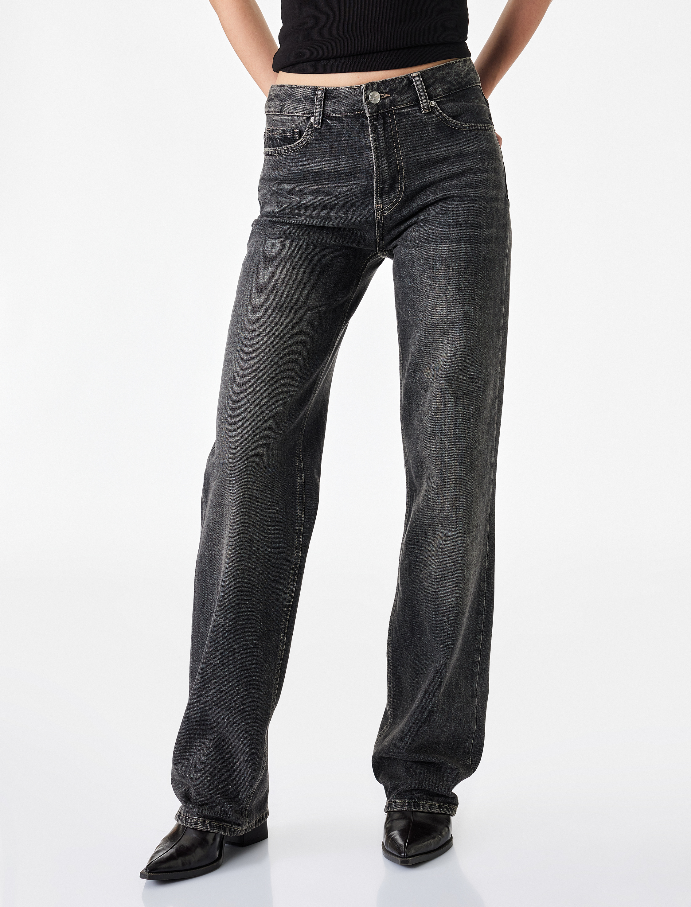   Normal Bel Straight Fit Pamuklu Duble Paça Denim Pantolon - Straight Fit Jean