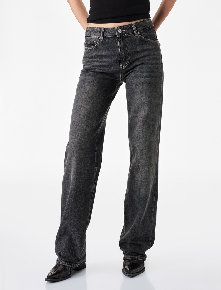  Normal Bel Straight Fit Pamuklu Duble Paça Denim Pantolon - Straight Fit Jean