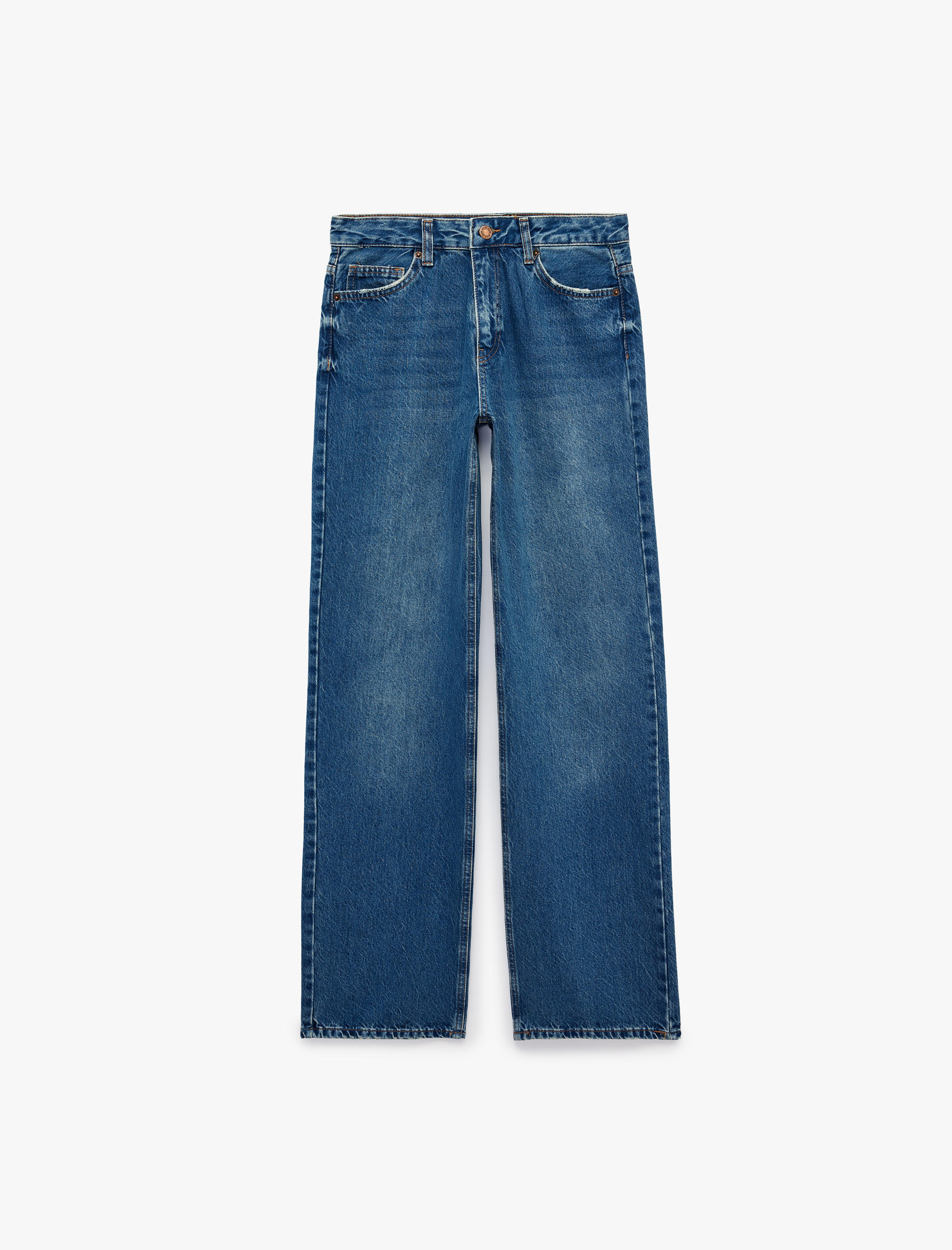   Pamuklu Normal Kesim Düğmeli Düz Paça Yıkamalı Denim Pantolon - Straight Fit Jean