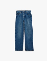 Pamuklu Normal Kesim Düğmeli Düz Paça Yıkamalı Denim Pantolon - Straight Fit Jean