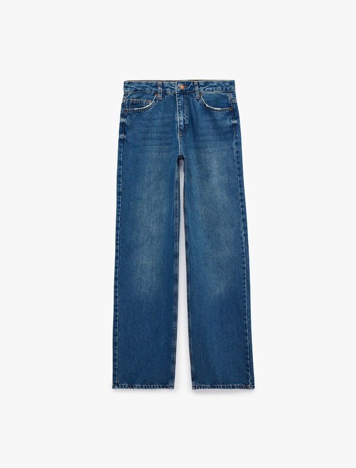  Pamuklu Normal Kesim Düğmeli Düz Paça Yıkamalı Denim Pantolon - Straight Fit Jean