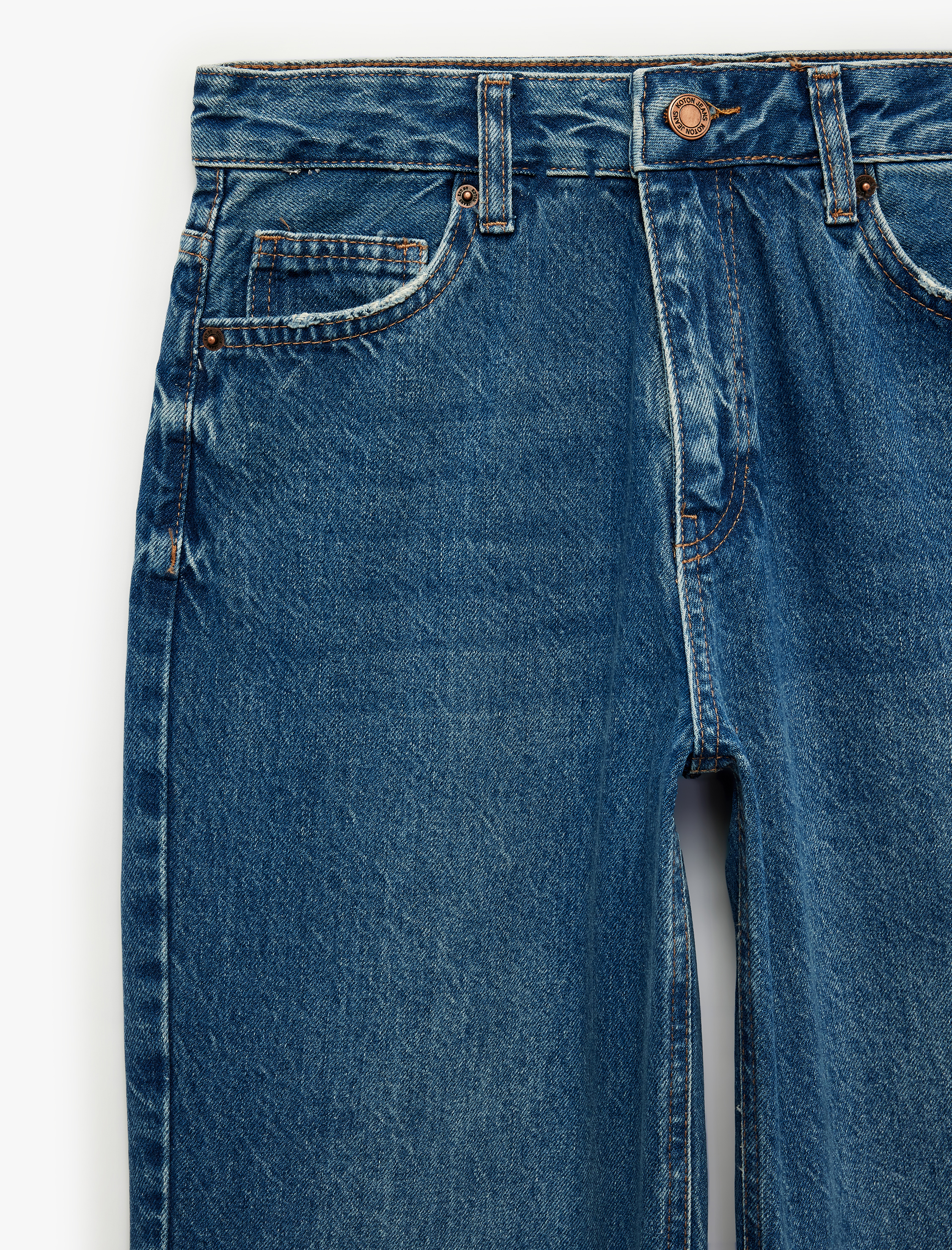   Pamuklu Normal Kesim Düğmeli Düz Paça Yıkamalı Denim Pantolon - Straight Fit Jean