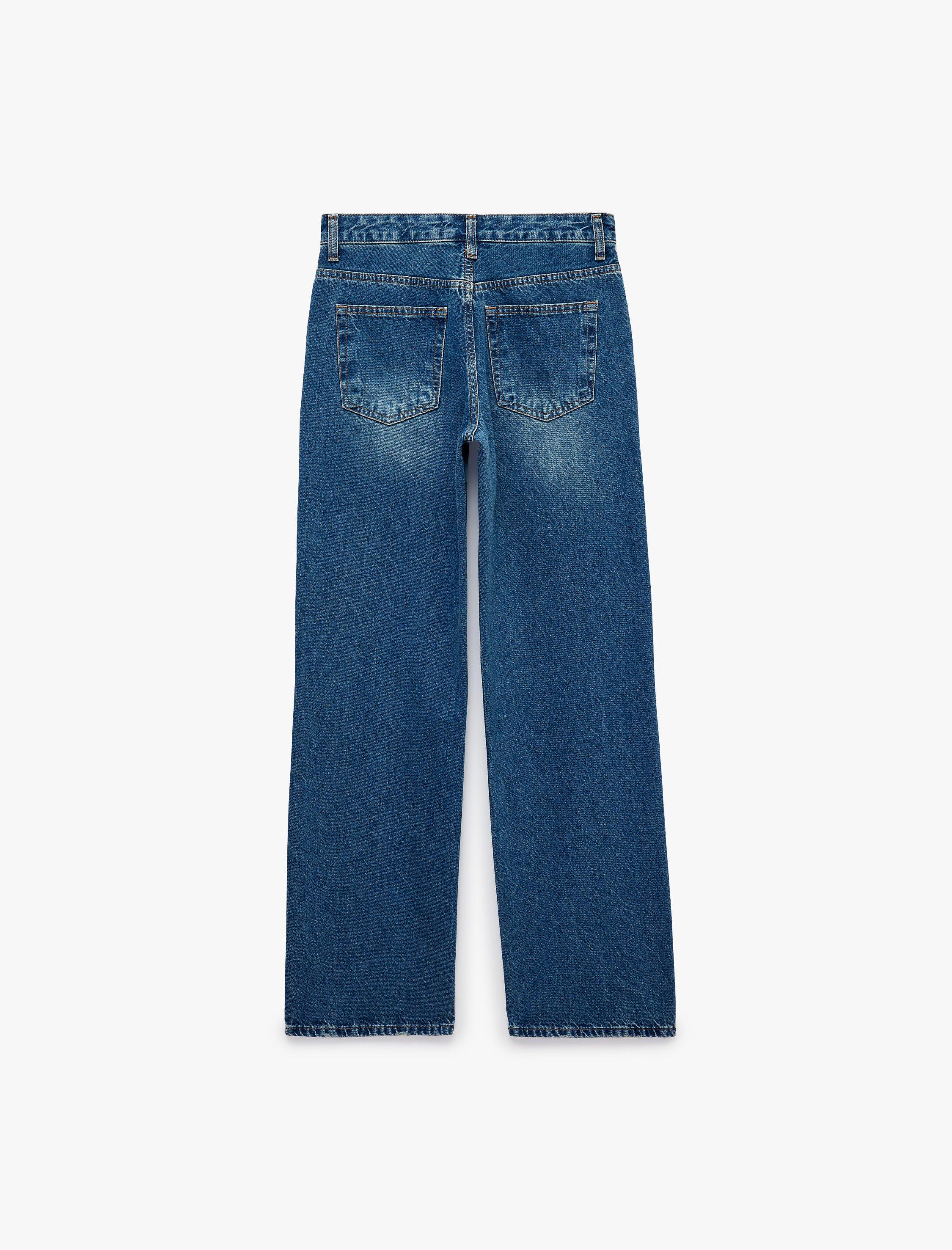   Pamuklu Normal Kesim Düğmeli Düz Paça Yıkamalı Denim Pantolon - Straight Fit Jean