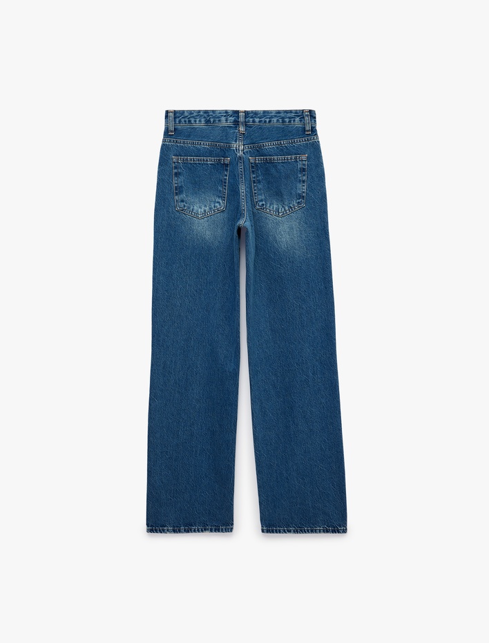  Pamuklu Normal Kesim Düğmeli Düz Paça Yıkamalı Denim Pantolon - Straight Fit Jean