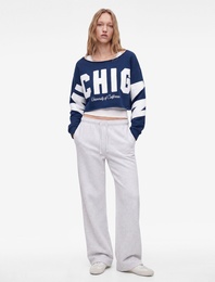 Pamuklu Şardonlu Rahat Kalıp Kayık Yaka Uzun Kollu Baskılı Crop Sweatshirt