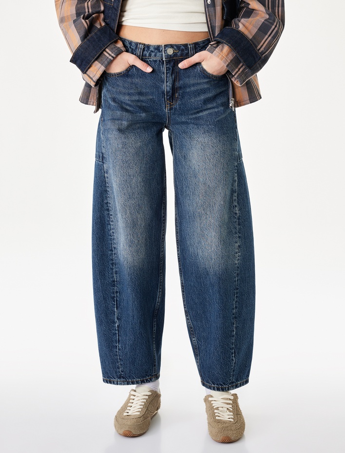  Cepli Normal Bel Pamuklu Rahat Kalıp Barrel Denim Pantolon - Barrel Jeans