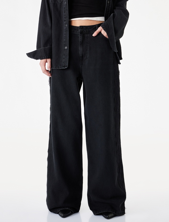  Dantel Detaylı Normal Bel Pamuklu Geniş Paça Denim Pantolon -  Wide Leg Jeans