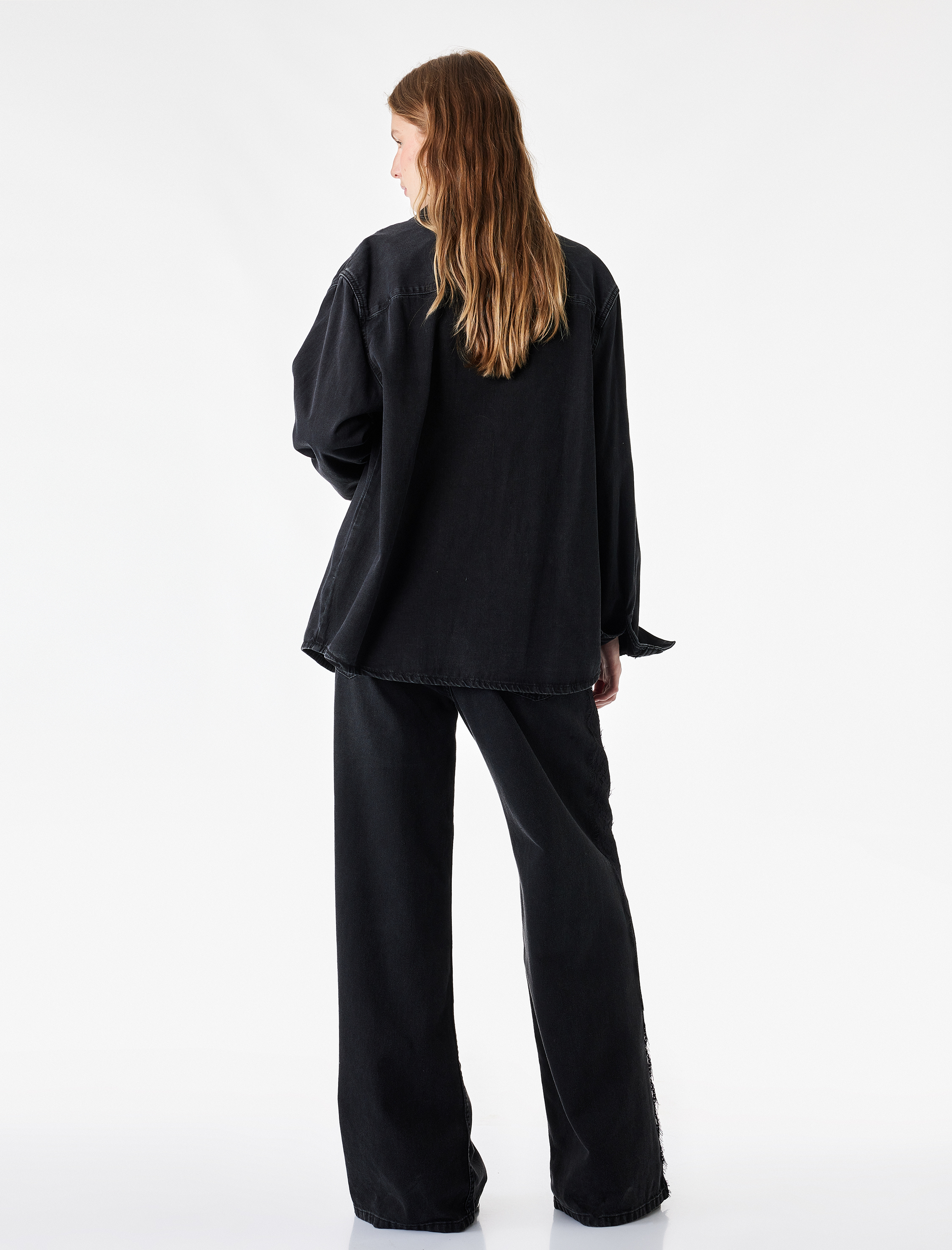   Dantel Detaylı Normal Bel Pamuklu Geniş Paça Denim Pantolon -  Wide Leg Jeans