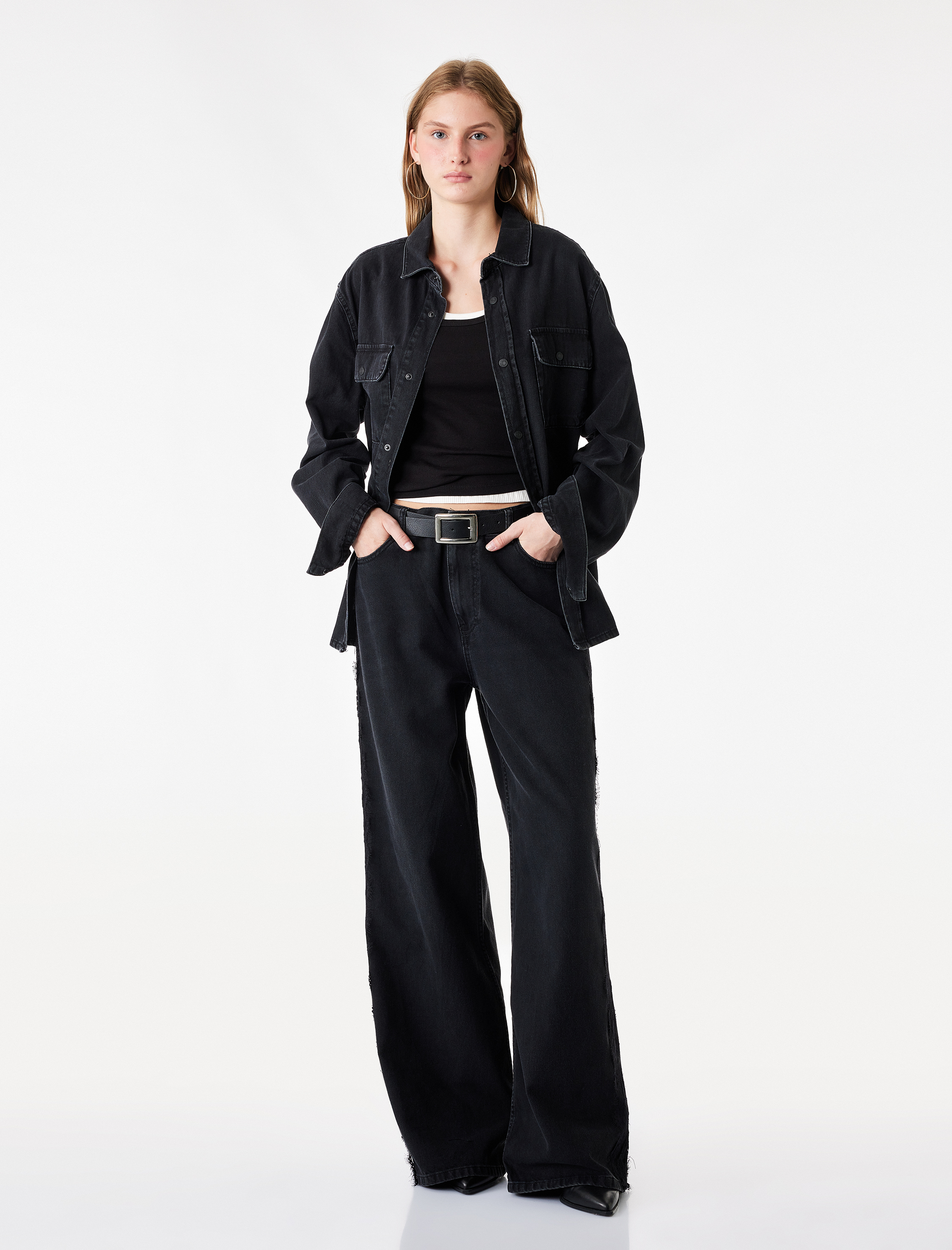   Dantel Detaylı Normal Bel Pamuklu Geniş Paça Denim Pantolon -  Wide Leg Jeans