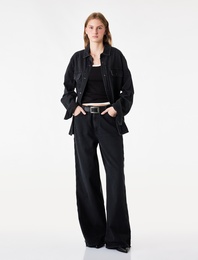 Dantel Detaylı Normal Bel Pamuklu Geniş Paça Denim Pantolon -  Wide Leg Jeans