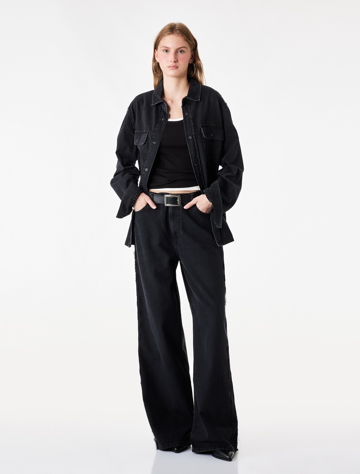  Dantel Detaylı Normal Bel Pamuklu Geniş Paça Denim Pantolon -  Wide Leg Jeans