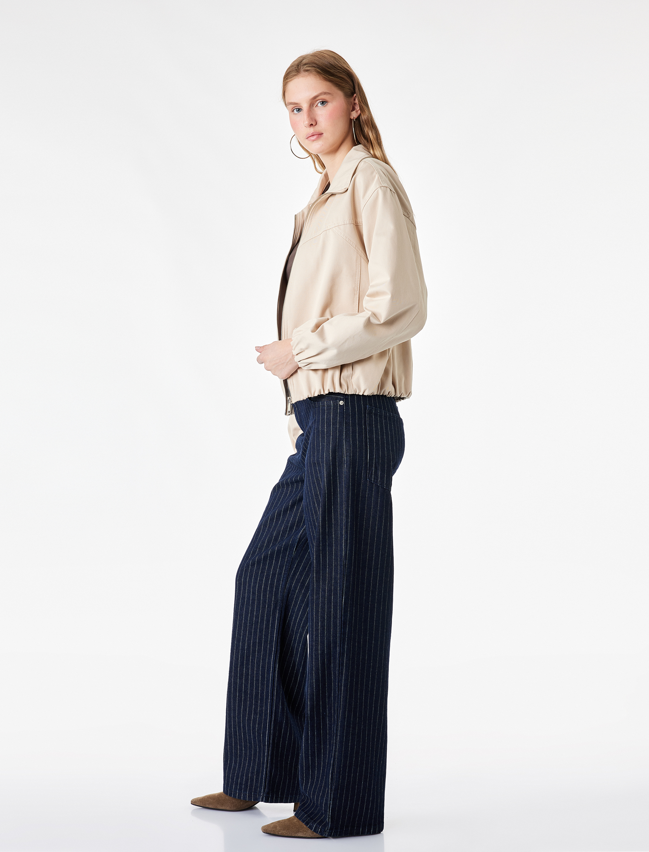   Normal Bel Beş Cepli Düz Paça Pamuklu Baggy Kesim Çizgili Denim Pantolon - Baggy Jeans