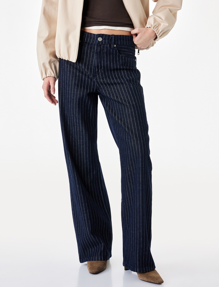  Normal Bel Beş Cepli Düz Paça Pamuklu Baggy Kesim Çizgili Denim Pantolon - Baggy Jeans
