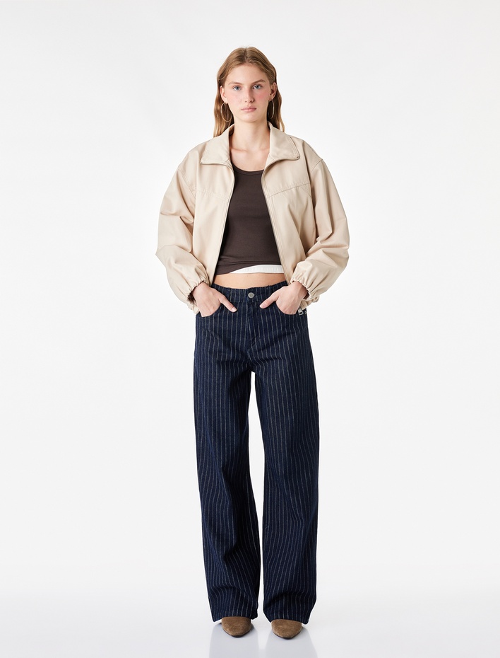  Normal Bel Beş Cepli Düz Paça Pamuklu Baggy Kesim Çizgili Denim Pantolon - Baggy Jeans