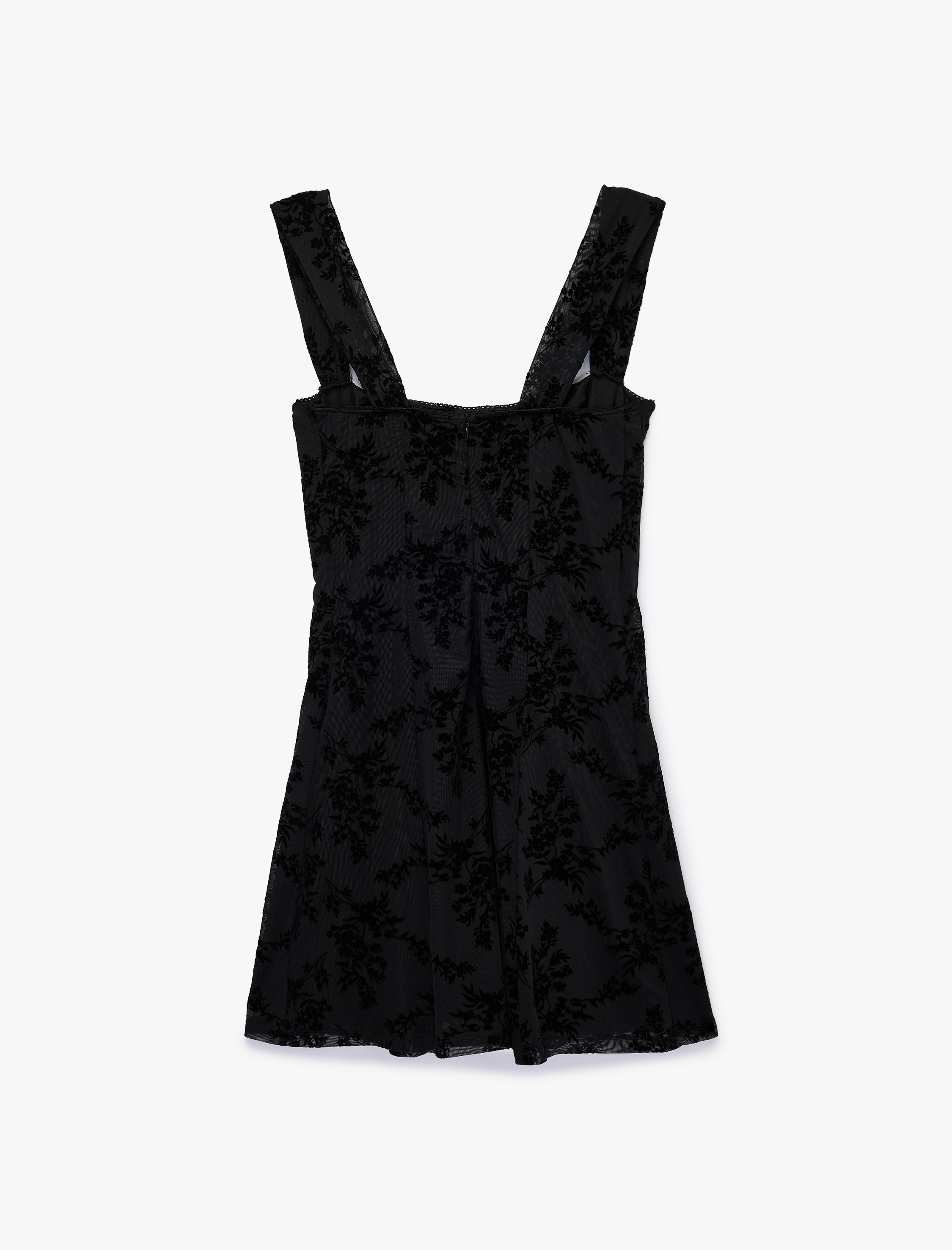   Slim Fit Çiçek Desenli Balenli Kalp Yaka Askılı Tül Elbise