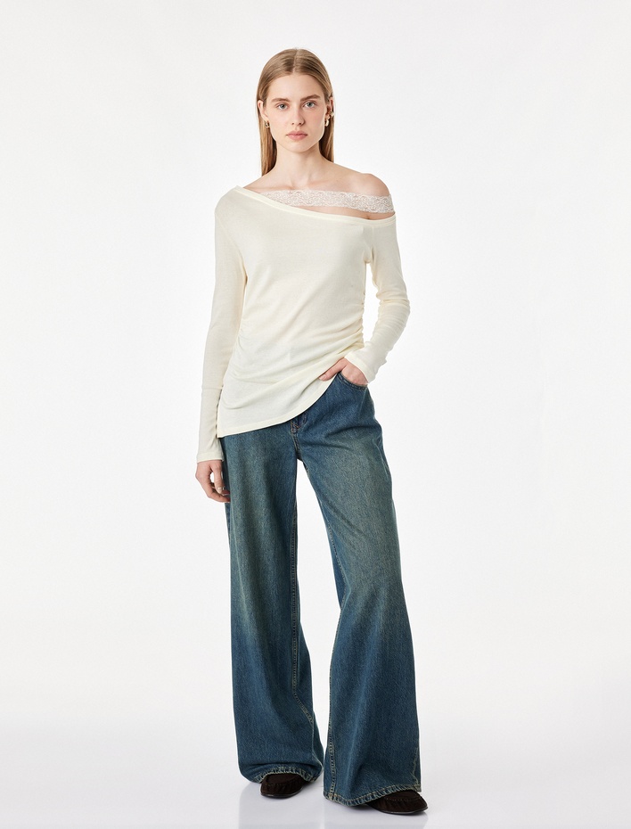  Slim Fit Pamuklu Uzun Kollu Ribanalı Dantelli Asimetrik Yaka Bluz